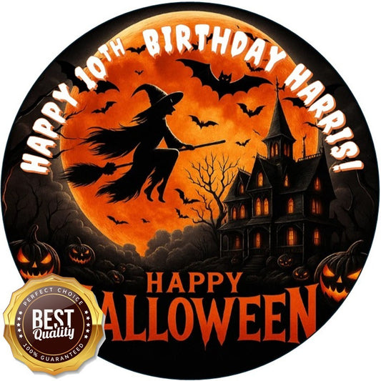 Halloween Witch & Haunted House – Personalised Edible Cake Topper