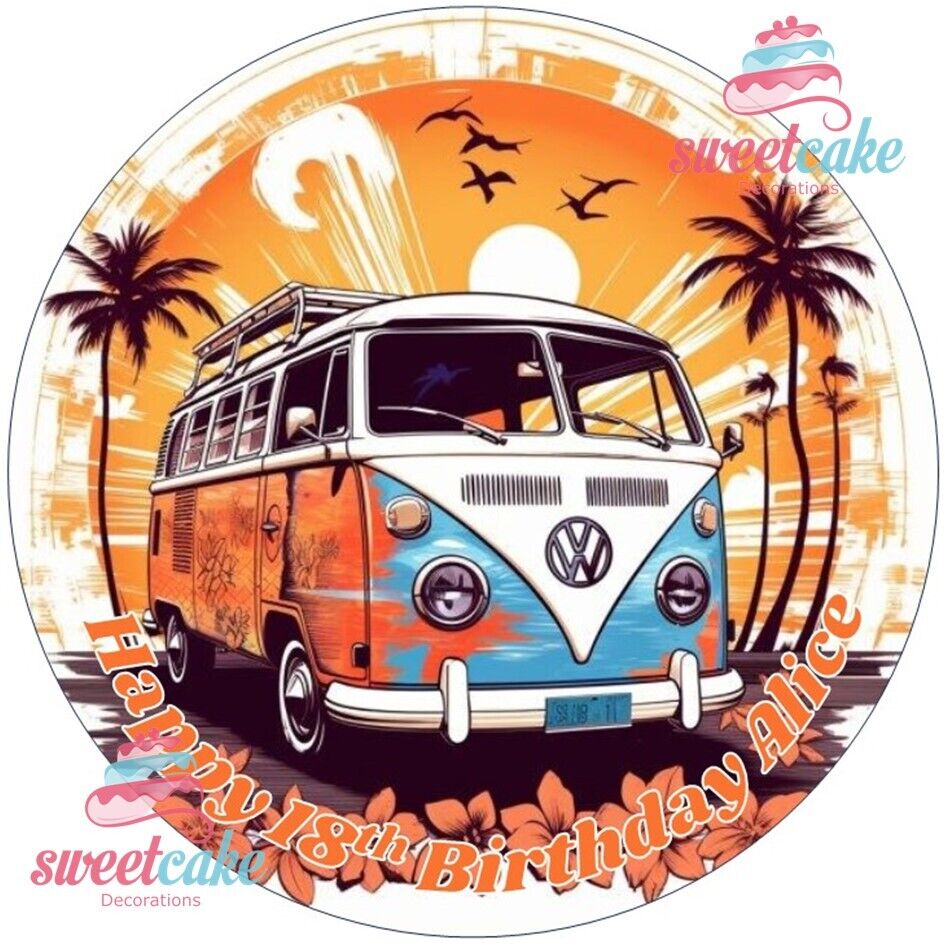 VW Camper Van Bus | Personalised Edible Cake Topper on Icing Sheet or Wafer Card