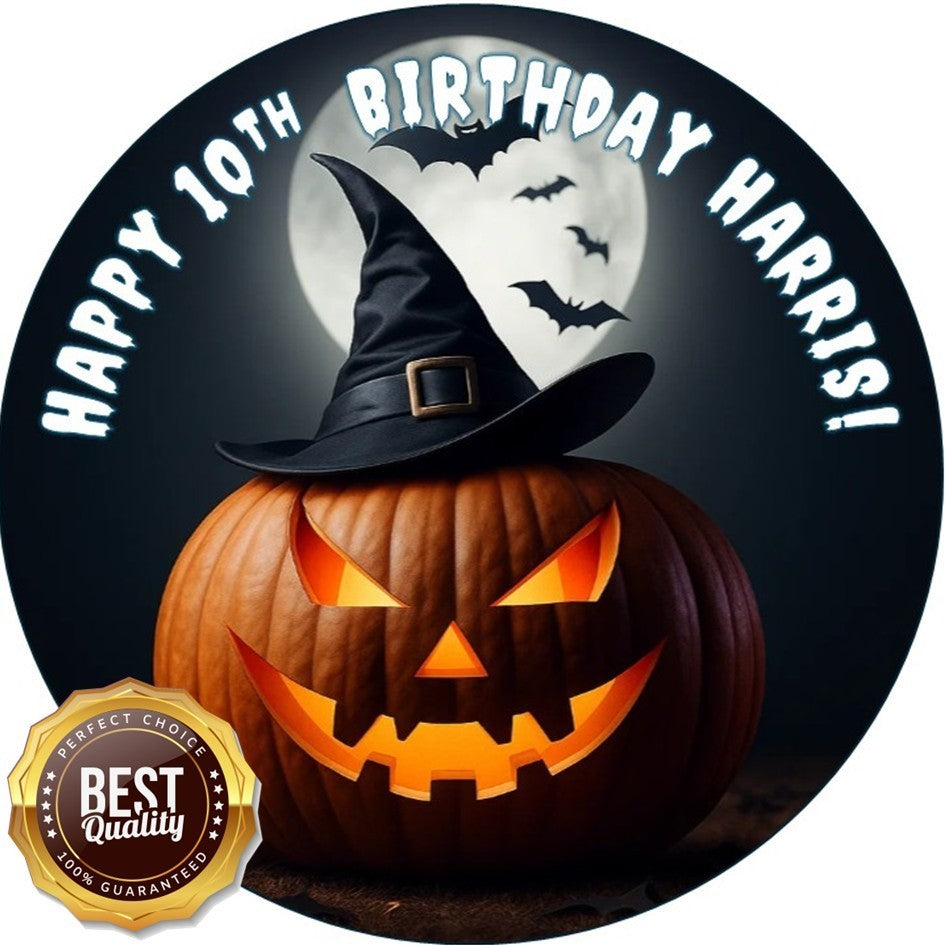 Halloween Pumpkin with Witch Hat – Personalised Edible Cake Topper