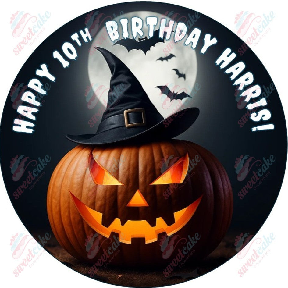 Halloween Pumpkin with Witch Hat – Personalised Edible Cake Topper