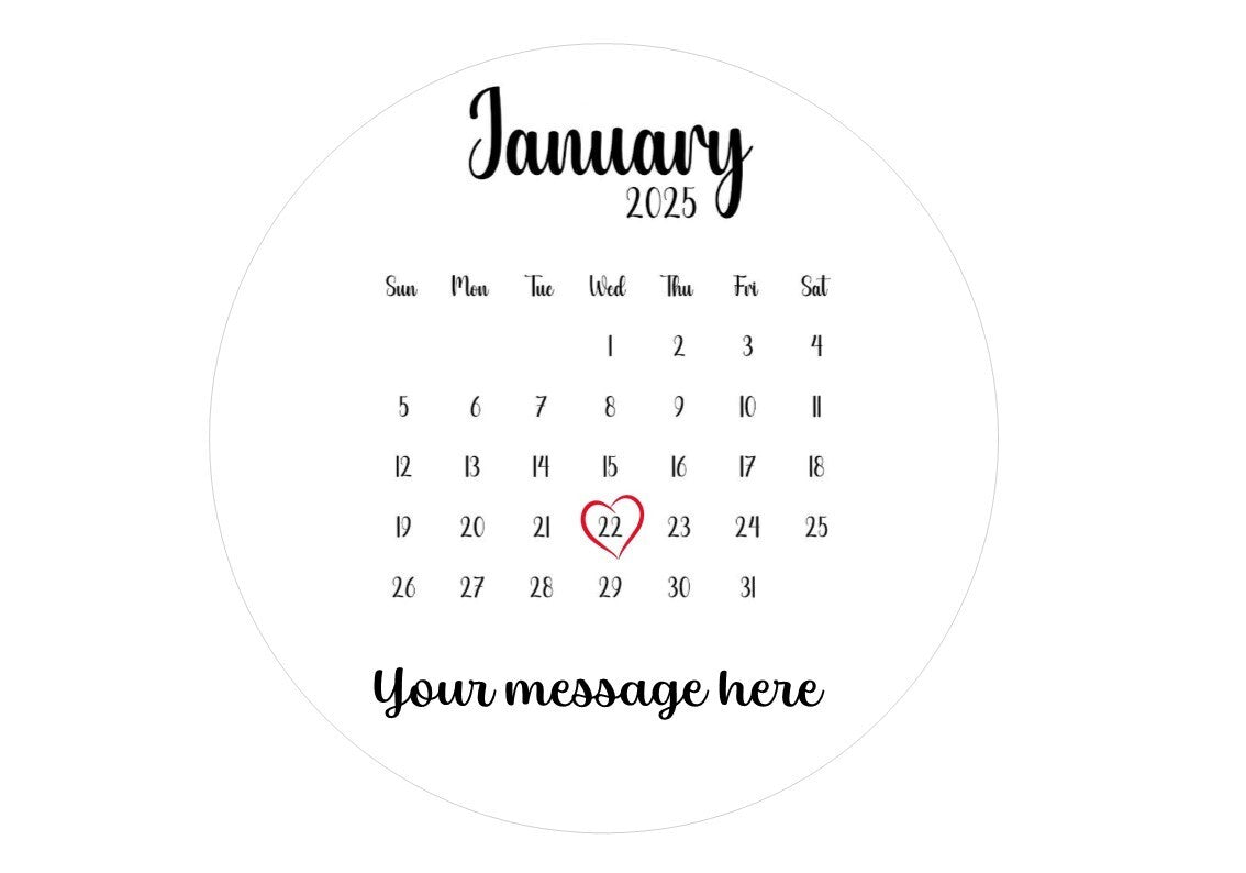 Personalised Calendar Edible Cake Topper – Any Date with Heart