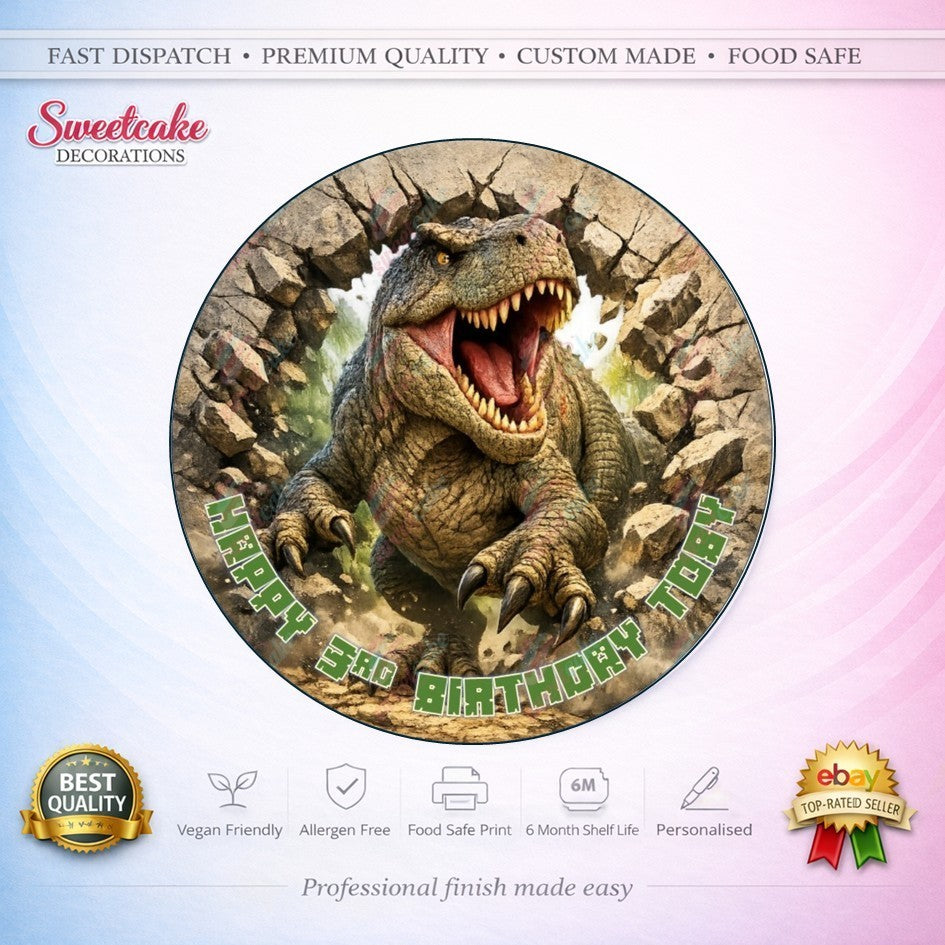 DINOSAUR (Dino T-Rex) Cake Topper | Personalised Edible Icing or Wafer