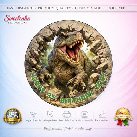 DINOSAUR (Dino T-Rex) Cake Topper | Personalised Edible Icing or Wafer