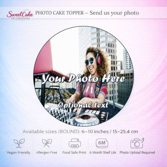 PHOTO EDIBLE CAKE TOPPER – ROUND PERSONALISED FROM YOUR PHOTO