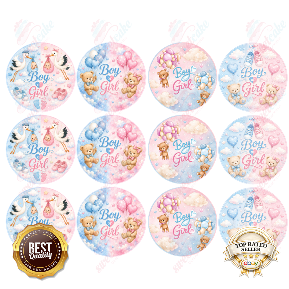 Baby Shower Cupcake Toppers – Boy or Girl Theme – Edible Icing or