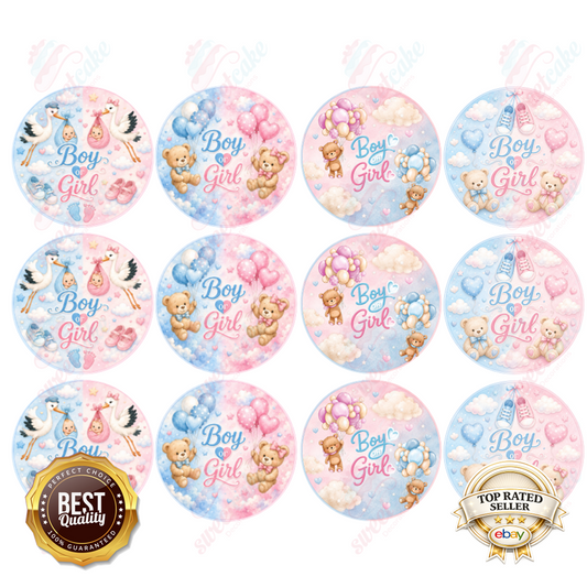 Baby Shower Cupcake Toppers – Boy or Girl Theme – Edible Icing or