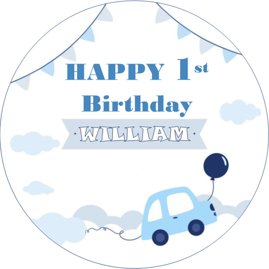 1st Birthday Boy Blue Edible Personalised Cake Topper on Icing Sheet or Wafer Card