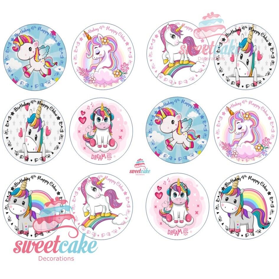UNICORN Edible Cake Topper & Cupcakes Icing Sheet or Wafer Card