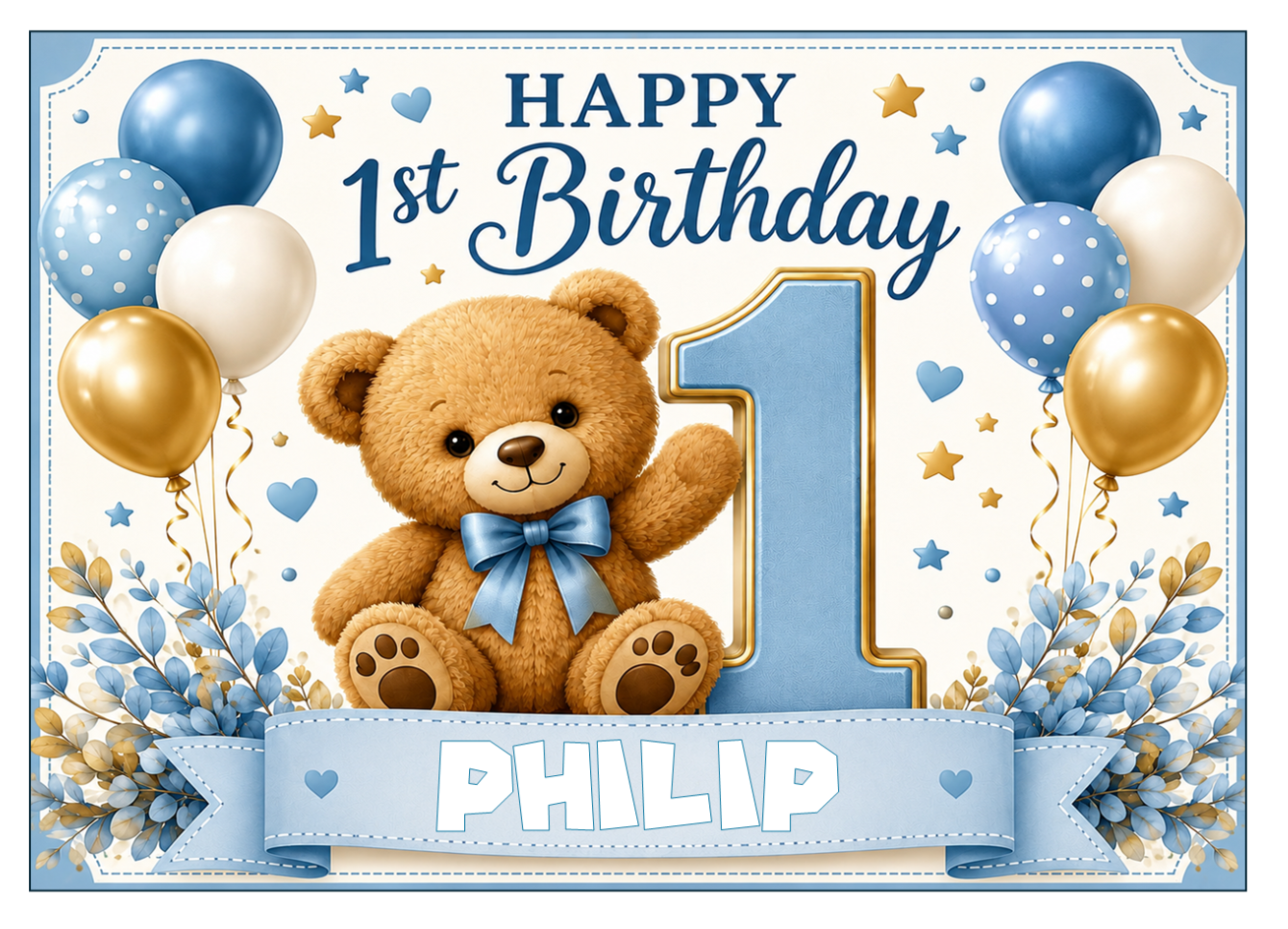 First Birthday Teddy Bear Cake Topper Any Name Edible Cake Decoration