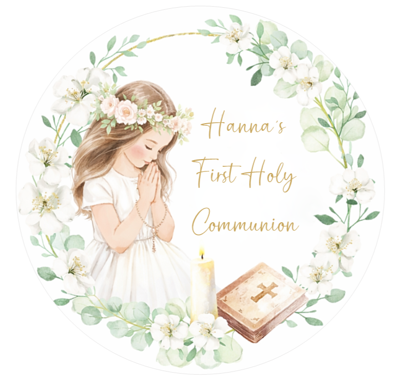 First Holy Communion Edible Cake Topper – Elegant Floral Design