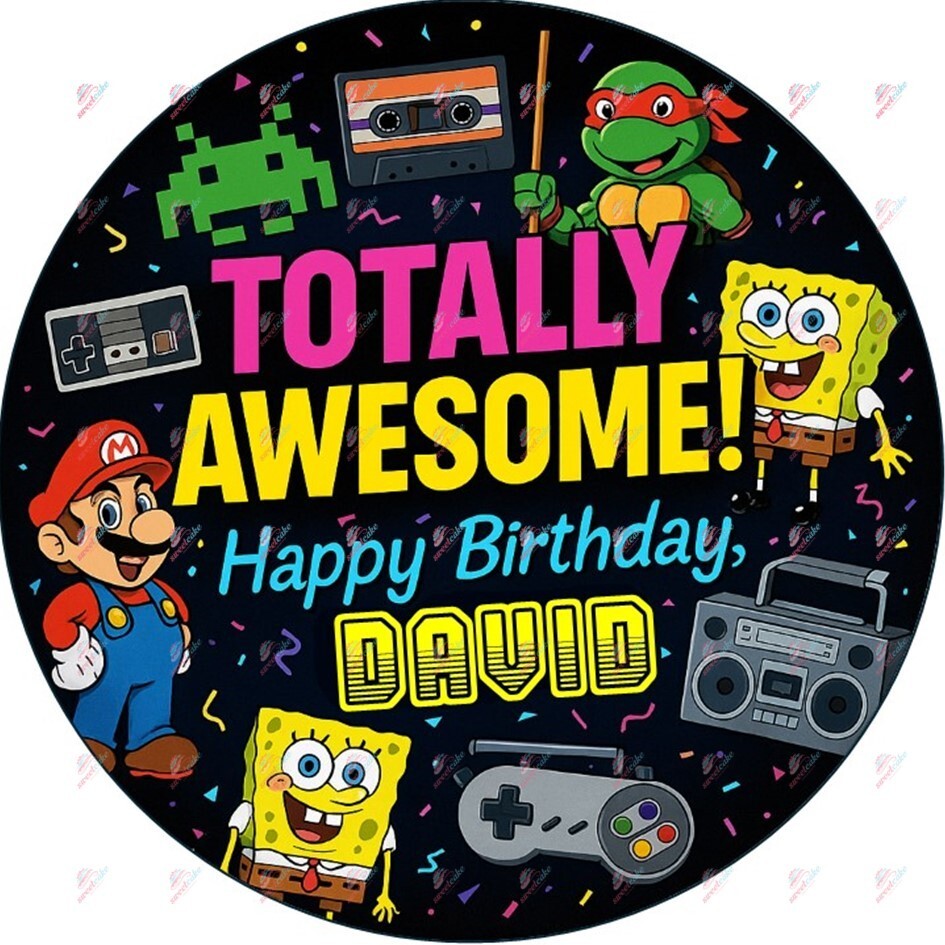 Totally Awesome Edible Cake Topper – 80s 90s Retro Birthday Theme