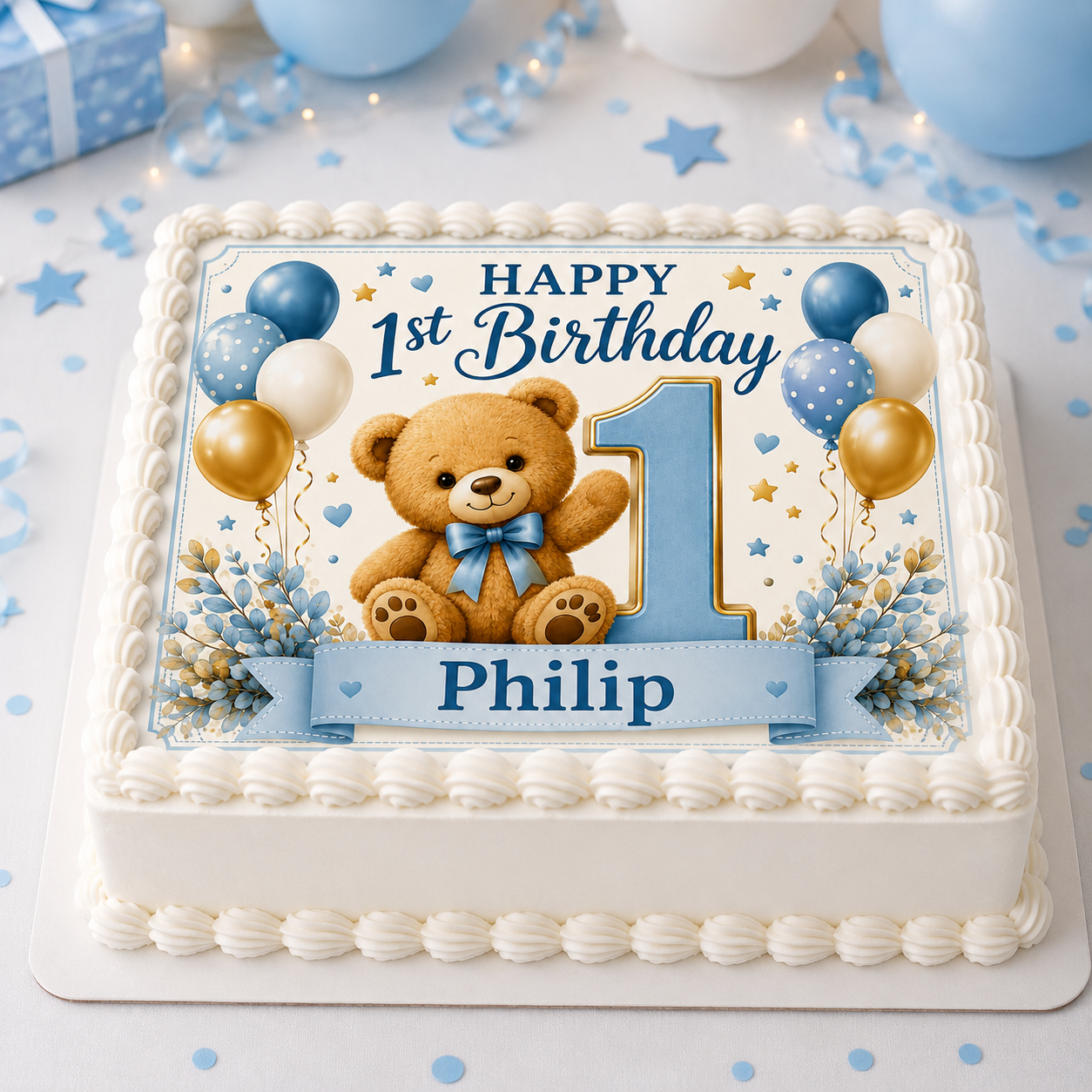 First Birthday Teddy Bear Cake Topper Any Name Edible Cake Decoration