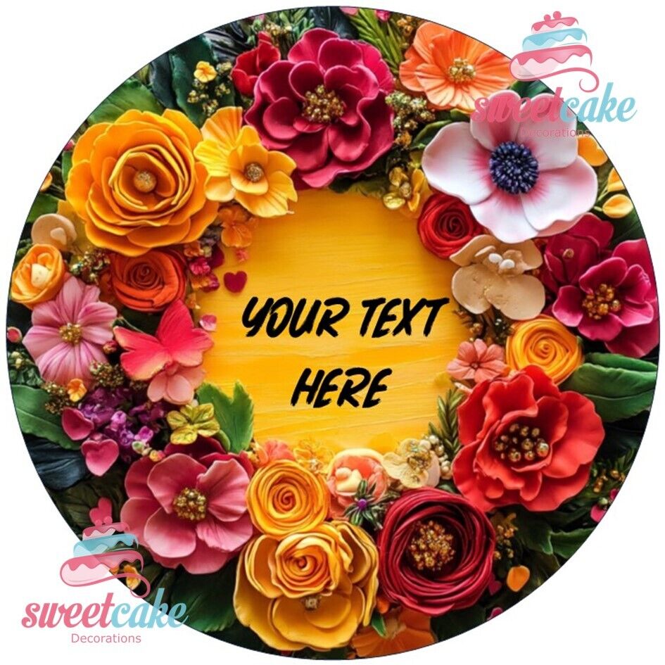 Elegant Flower Garden Edible Cake Topper – Add Your Personalized Message