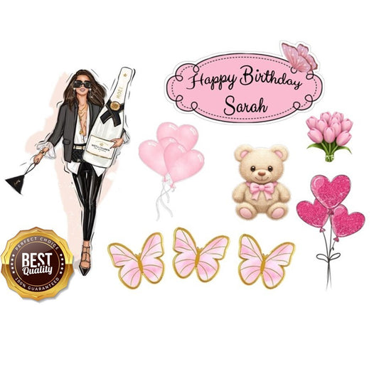 Stylish Pink Lady Birthday Topper – Personalised Edible Design!