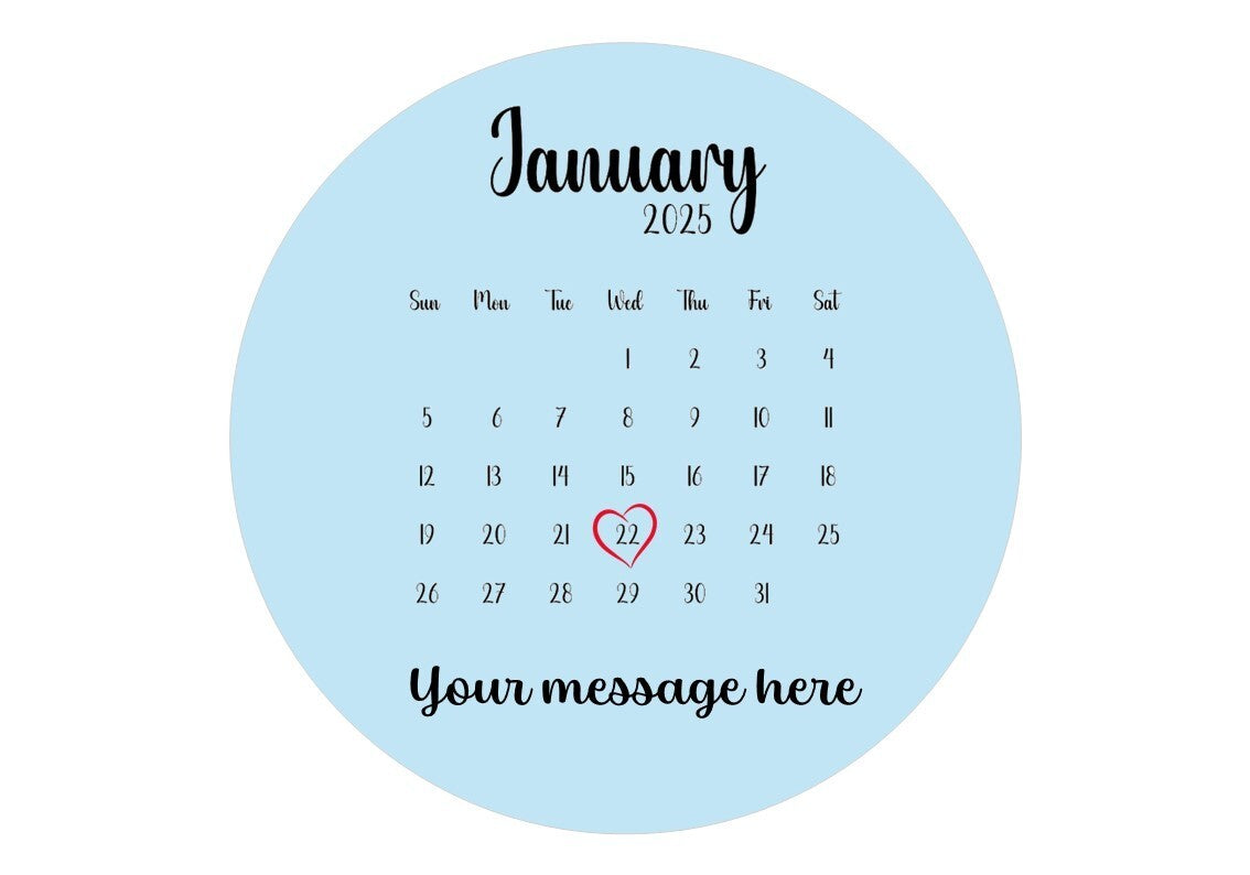 Personalised Calendar Edible Cake Topper – Any Date with Heart