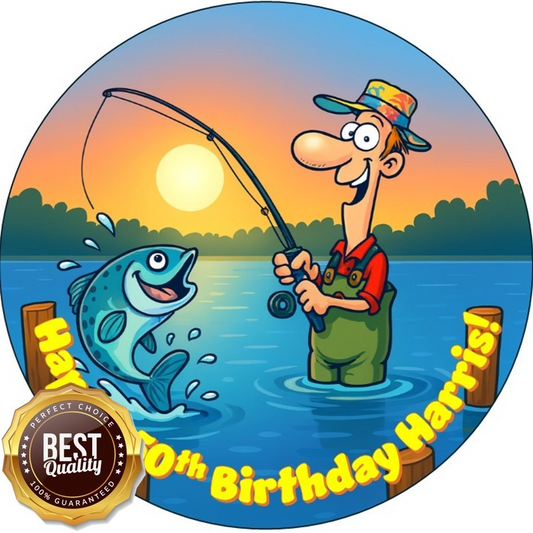 Fishing Theme Edible Cake Topper – Personalised – Icing Sheet or Wafer Card