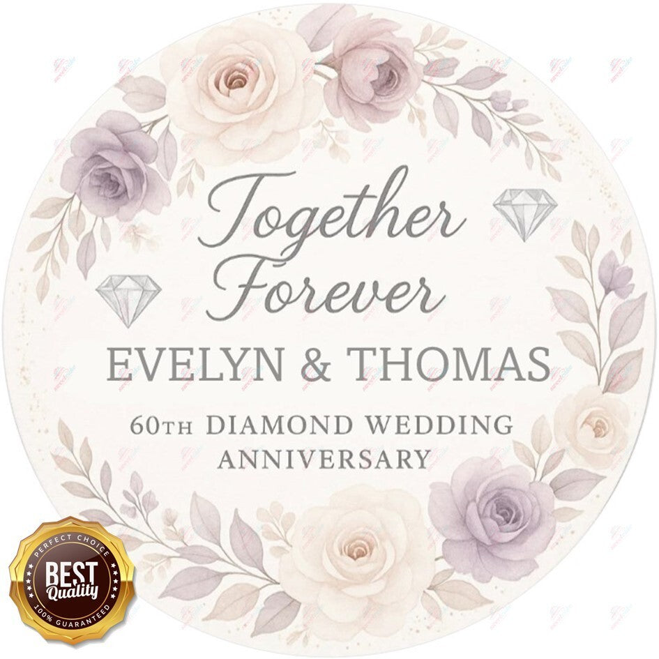 Diamond Wedding Anniversary Edible Cake Topper – Elegant 60th Celebration Design