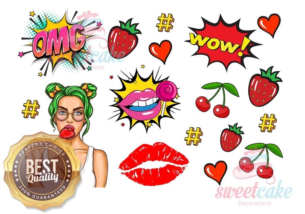 Edible Pop Art Cake Decoration Set – Vibrant Girls, Lips, Cherries & WOW! | Icing Sheet or Wafer Card