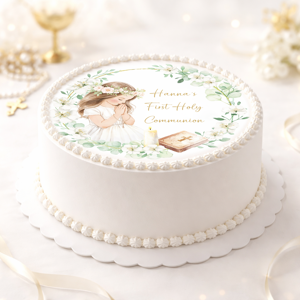 First Holy Communion Edible Cake Topper – Elegant Floral Design