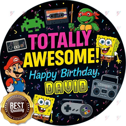 Totally Awesome Edible Cake Topper – 80s 90s Retro Birthday Theme