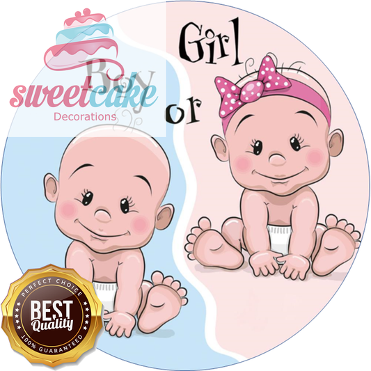 Girl Or Boy Gender Reveal Edible Cake Topper | Round Icing Sheet or Wafer Card