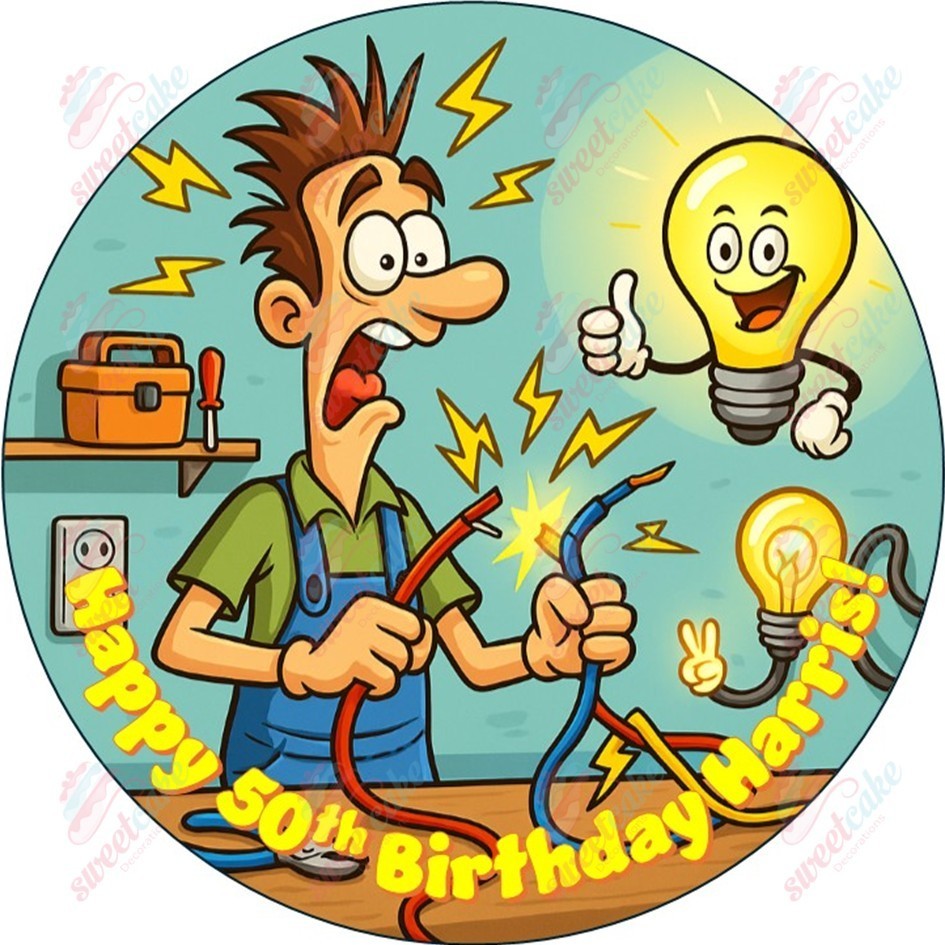 Electrician Themed Edible Cake Topper – Personalised – Icing Sheet