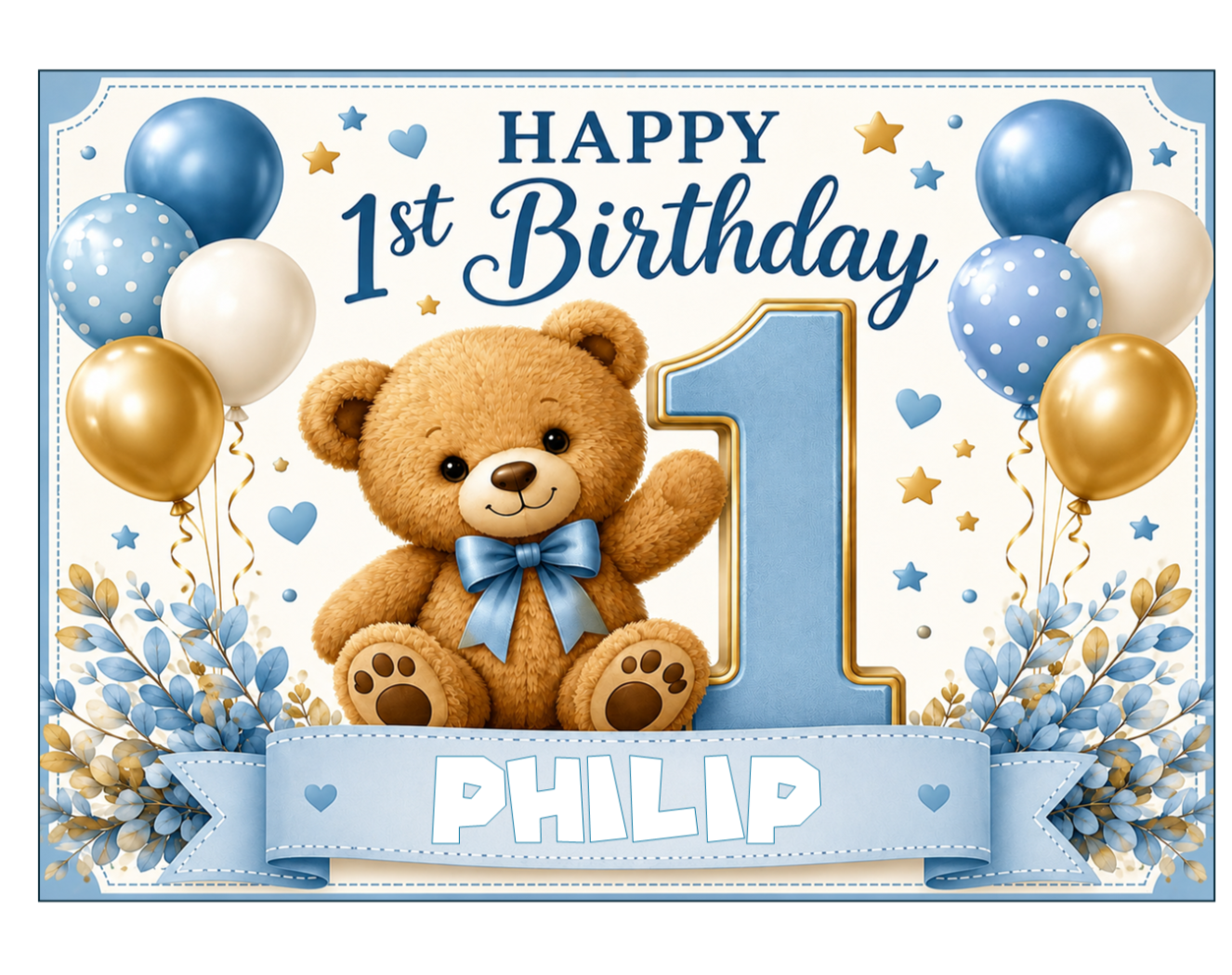 First Birthday Teddy Bear Cake Topper Any Name Edible Cake Decoration