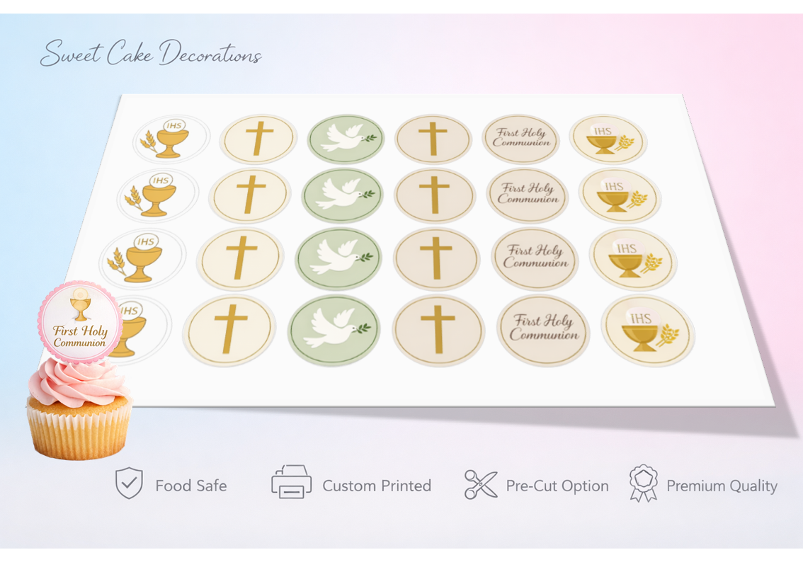 24 Edible Cupcake Toppers – First Holy Communion –  Icing or Wafer