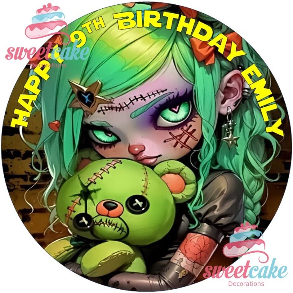 Halloween Zombie Girl & Teddy Bear Edible Cake Topper – Personalized for Birthdays