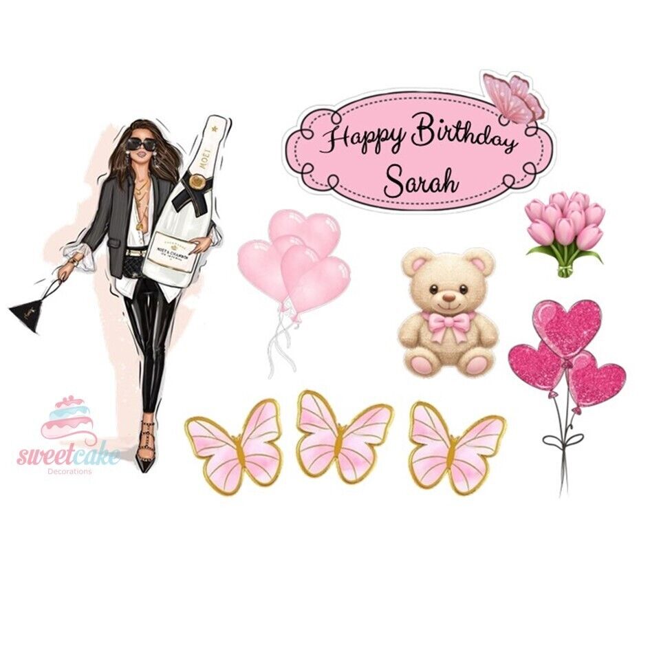 Stylish Pink Lady Birthday Topper – Personalised Edible Design!