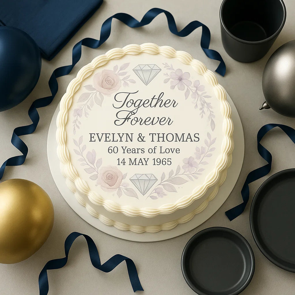 Diamond Wedding Anniversary Edible Cake Topper – 60th Celebration Design