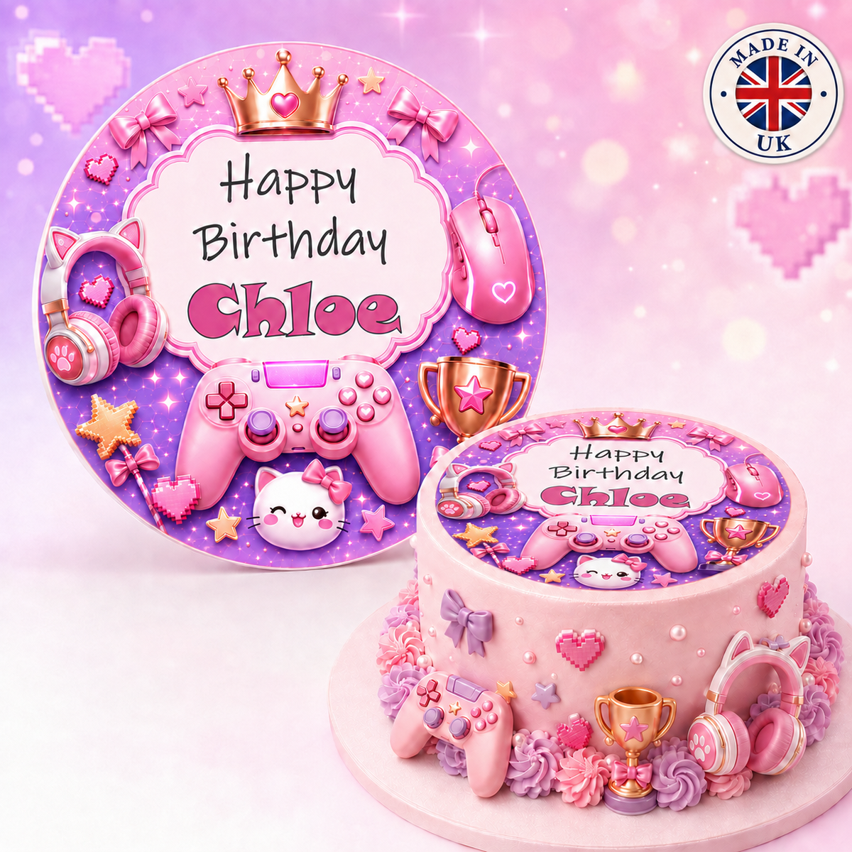 Pink Gamer Cake Topper Girl Personalised Birthday Edible Icing Wafer