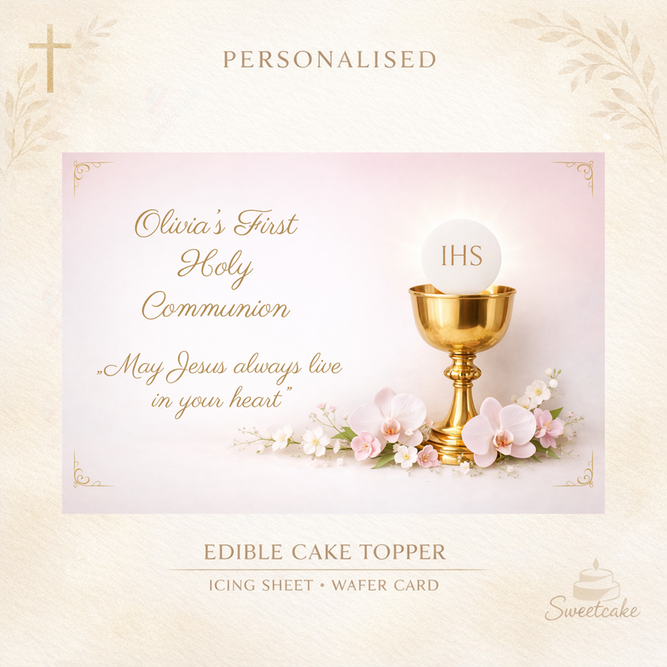 First Holy Communion Edible Cake Topper – Gold Chalice Design (Personalised)