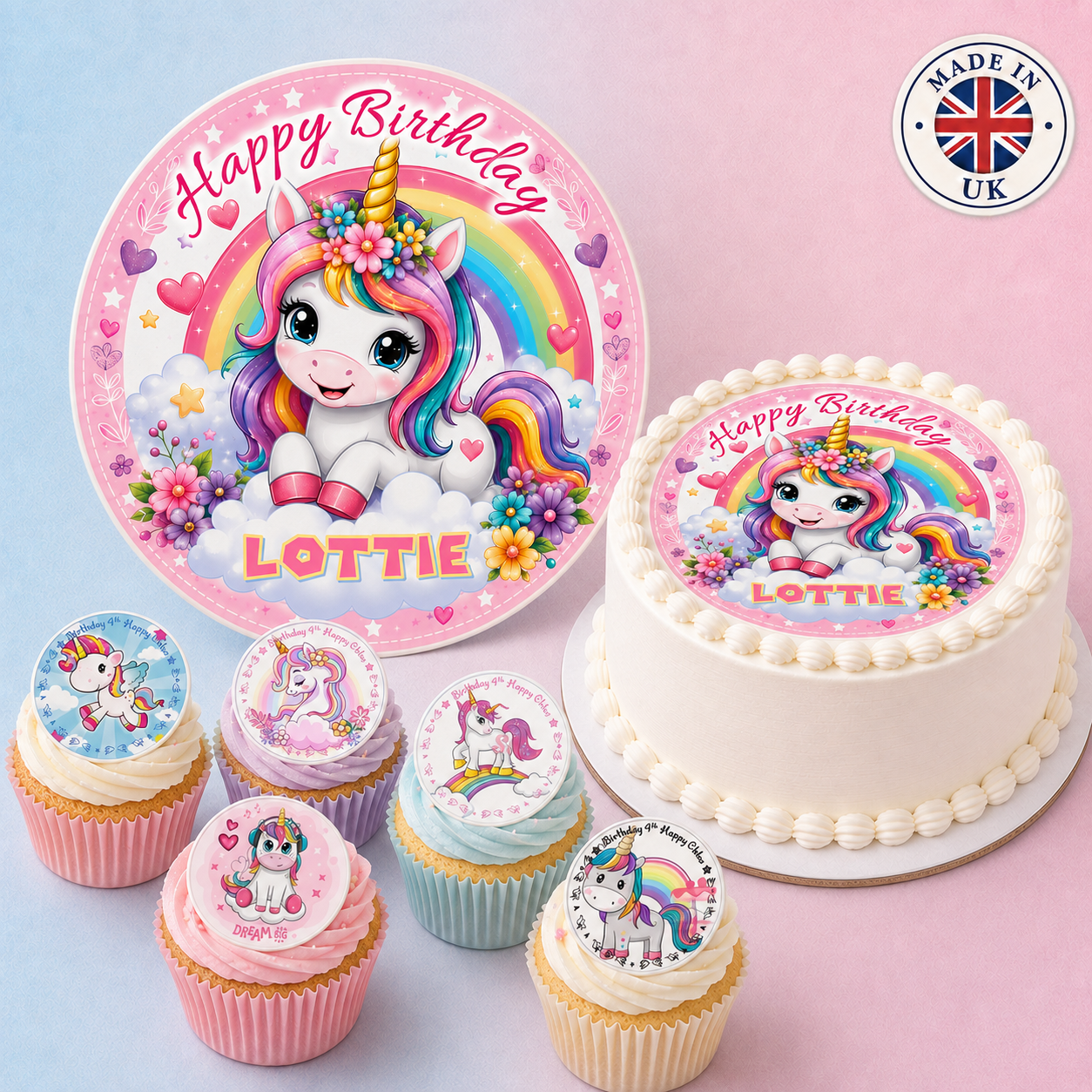 Unicorn Edible Cake Topper & Cupcakes Icing Sheet or Wafer Card