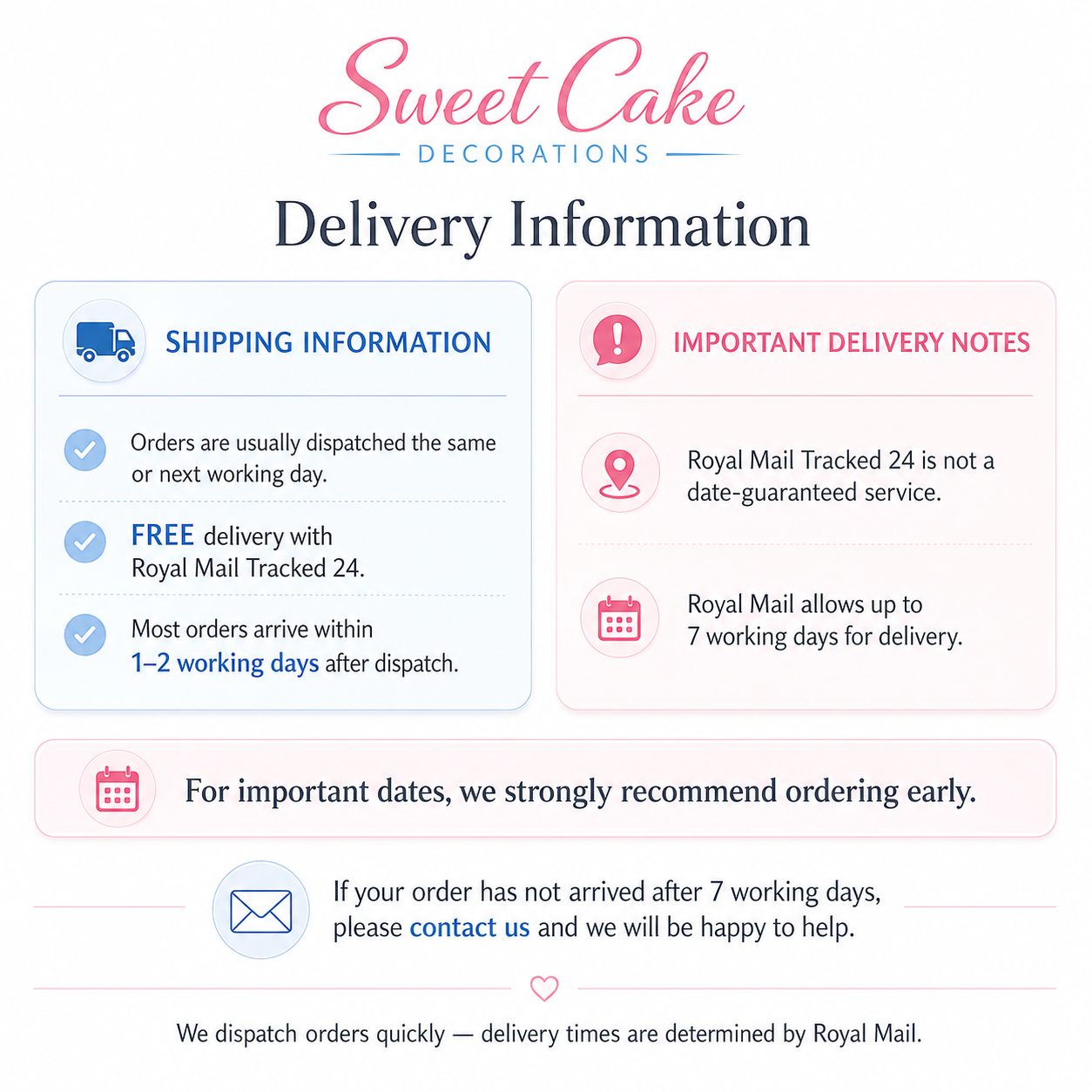 Sweet Cake Decorations delivery information - Royal Mail Tracked 24
