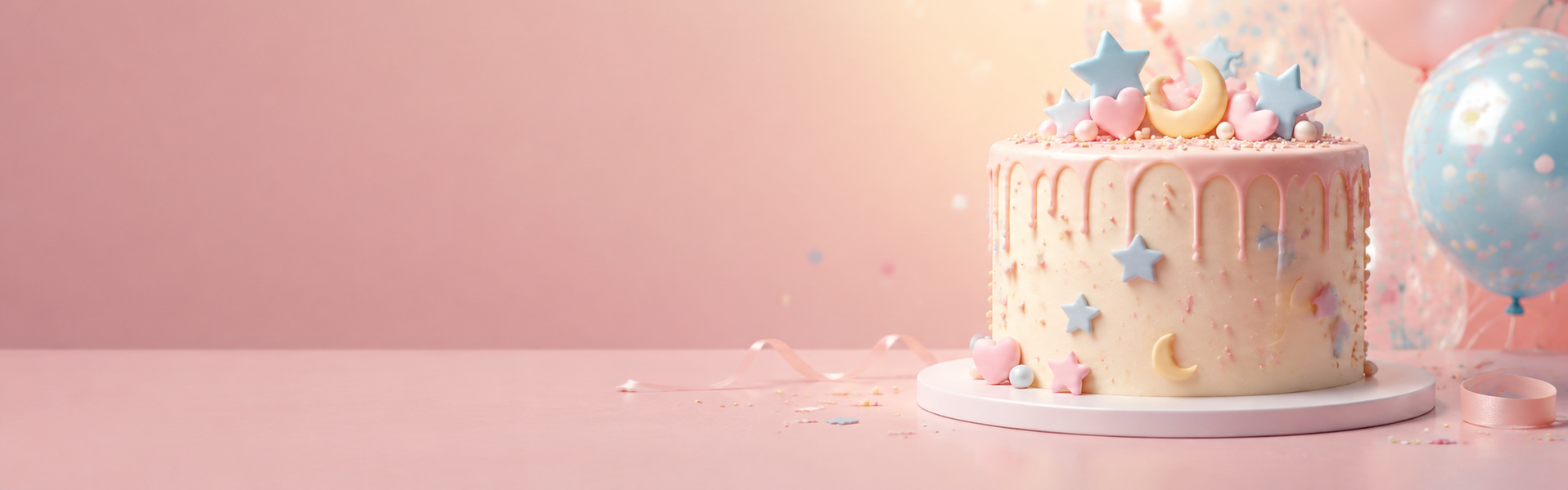 Pastel celebration cake with edible star, heart and moon toppers